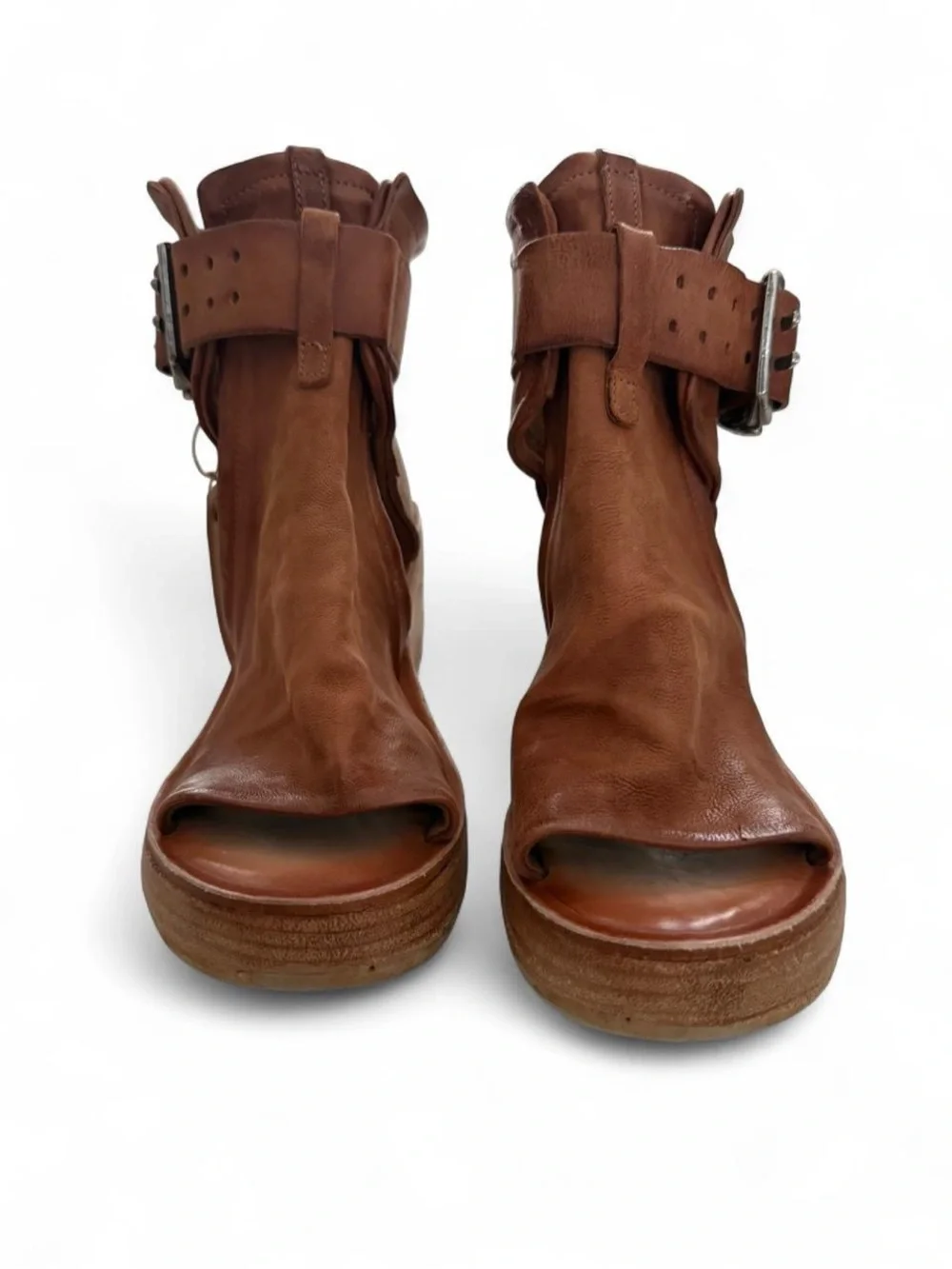 A.S.98 Tan Brown Leather Open-Toe Wedge Sandals with Buckle - Picture 2 of 5